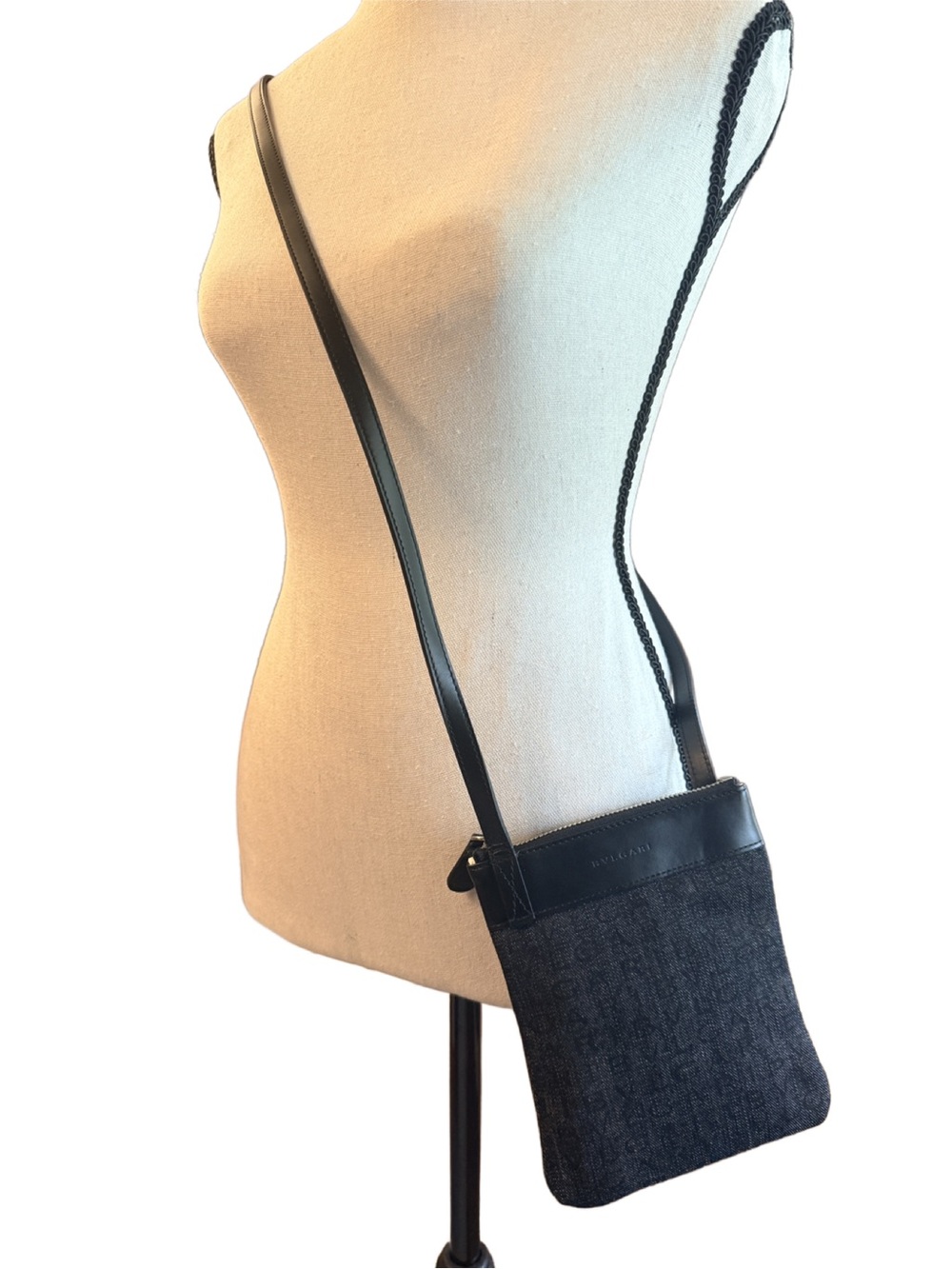 BVLGARI Bulgari Logomania Denim Black Leather Crossbody Mini Bag